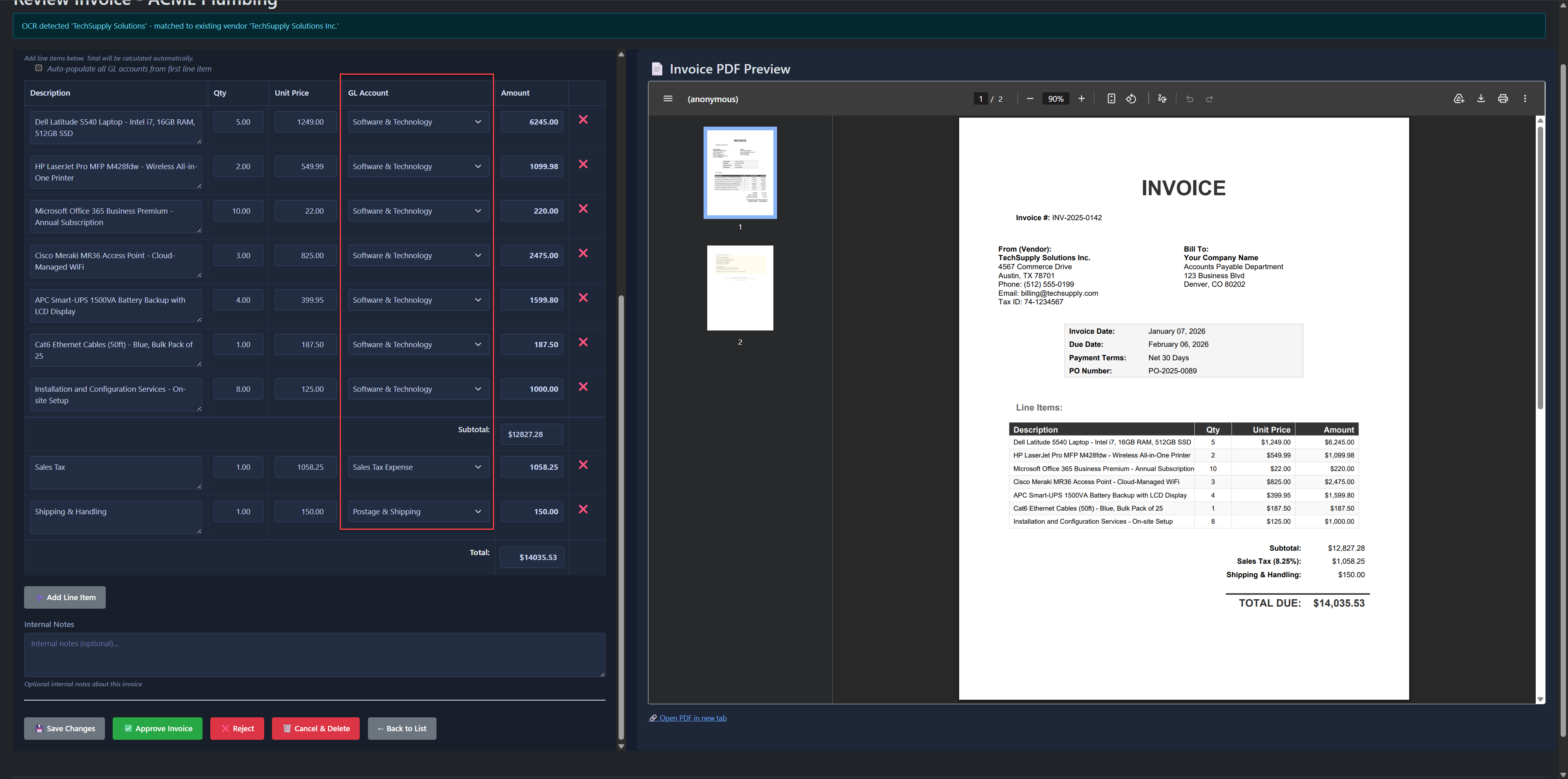 AP invoice upload with OCR — vendor lookup, line items scanned, GL accounts auto-assigned