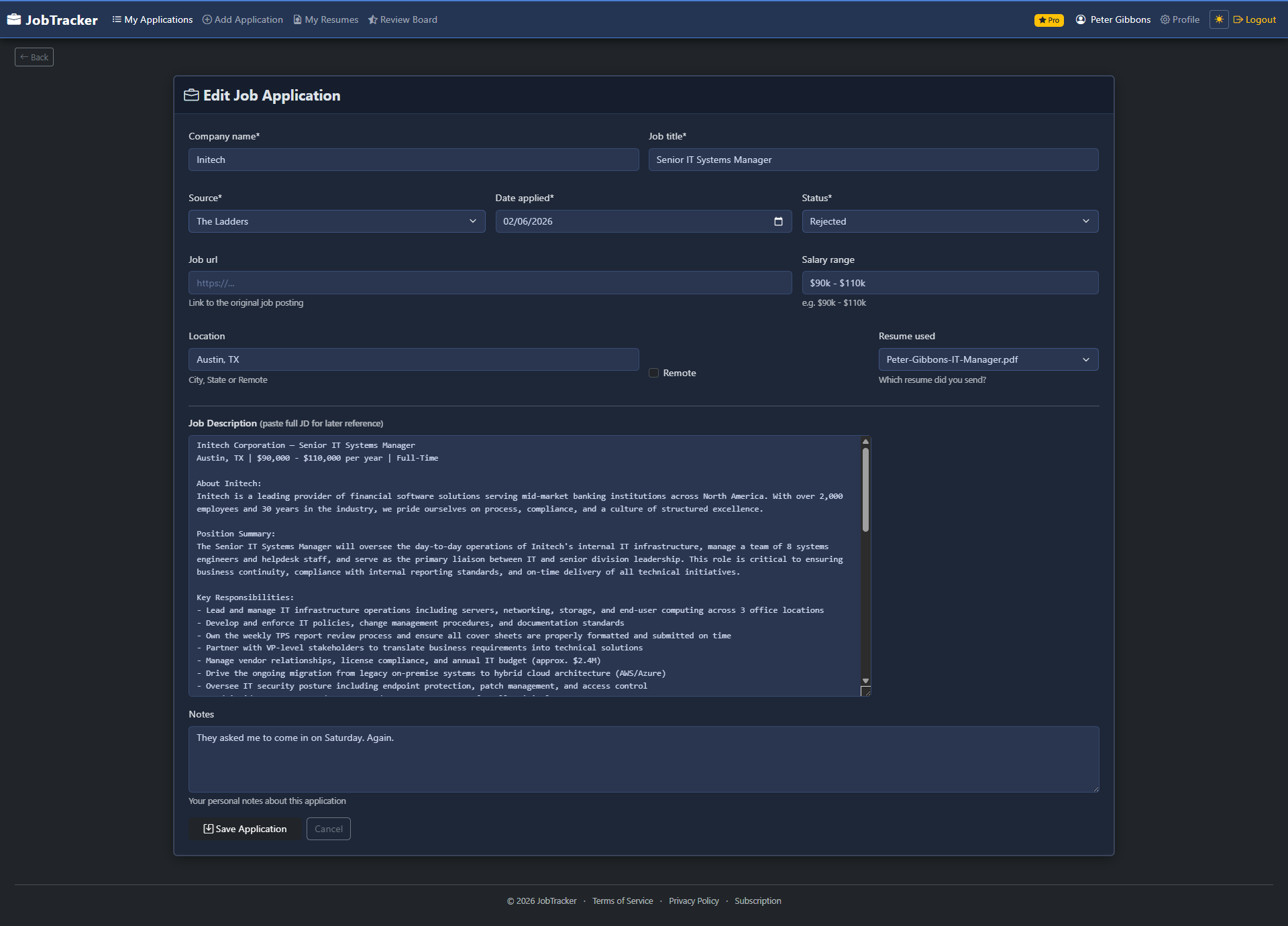 JobTracker application detail view showing full job description