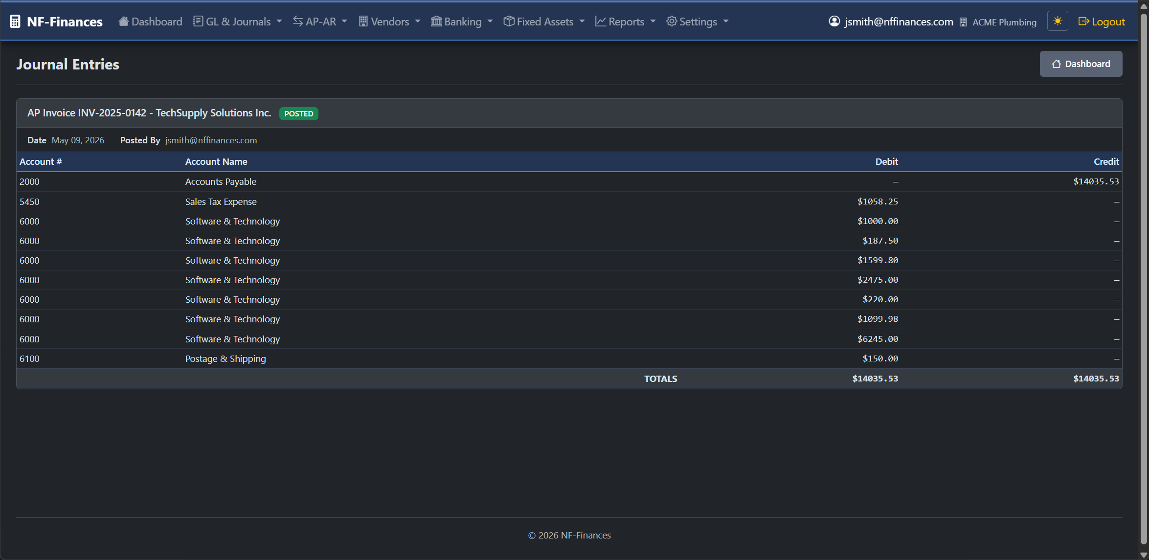 Journal entries list — auto-generated and manual journal entries