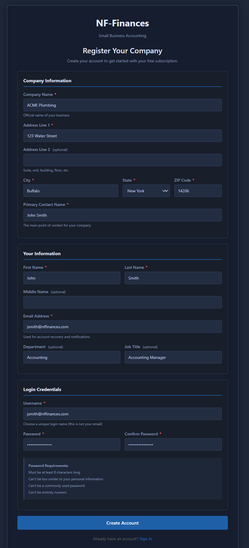 Company and initial power user onboarding screen