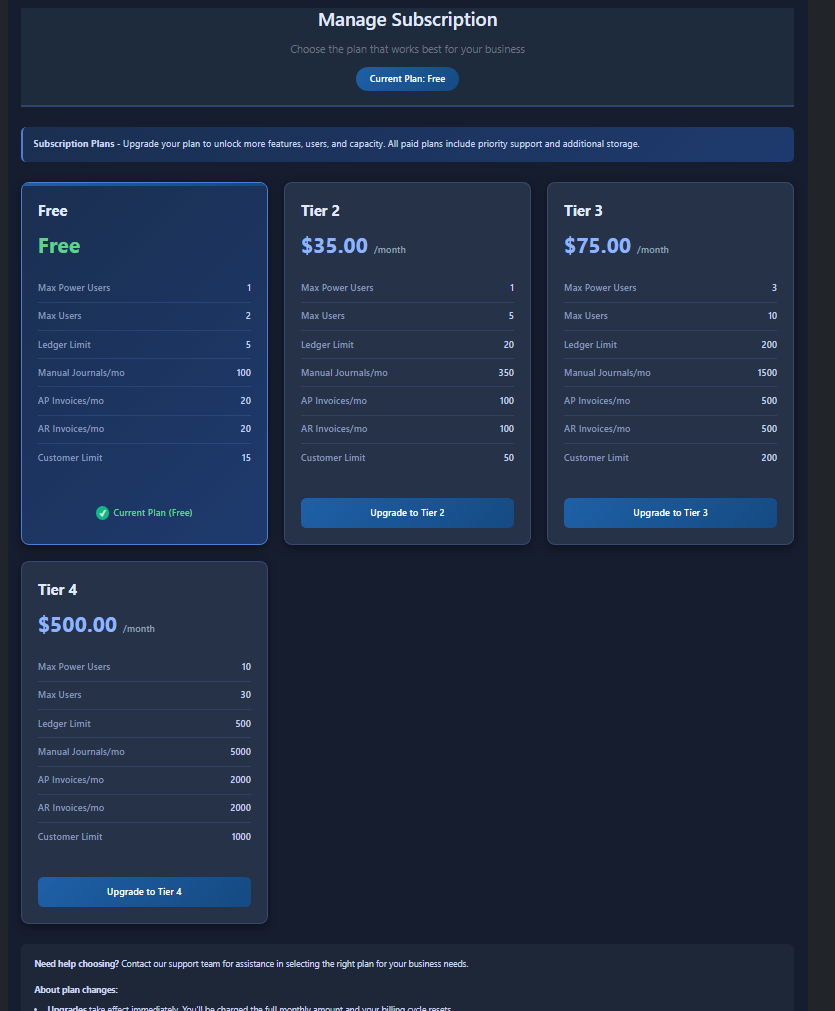 NF Finances Business Accounting tier selection — always starts free