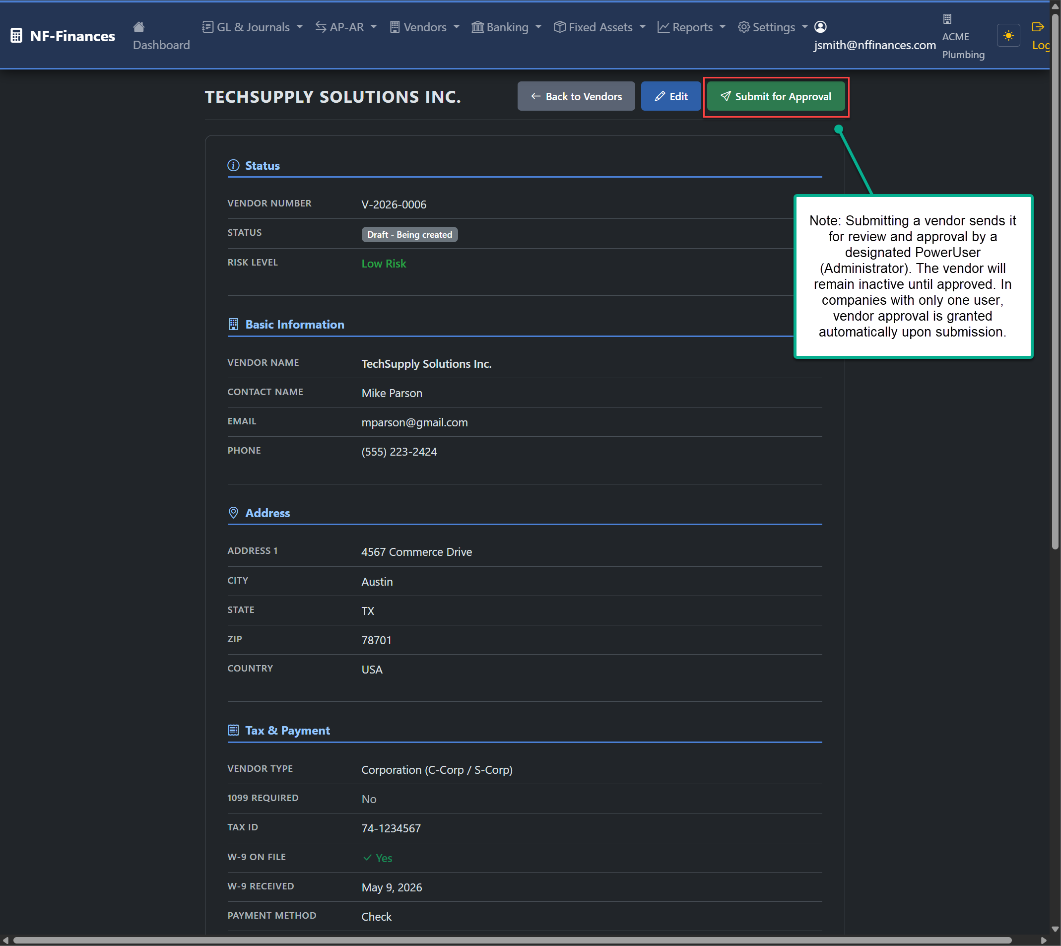 Vendor approval workflow, submit vendor for controller review
